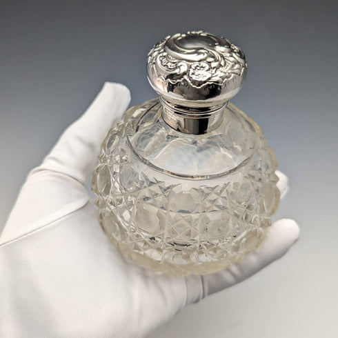 1908年 英国アンティーク カットグラス製 香水瓶 純銀蓋 Levi & Salaman